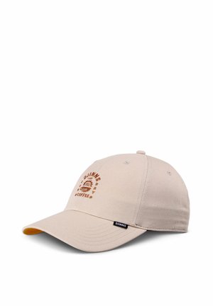 Beige cotton cap with a structured design, featuring brown embroidered text and graphics. Includes a black brand tag on the side.