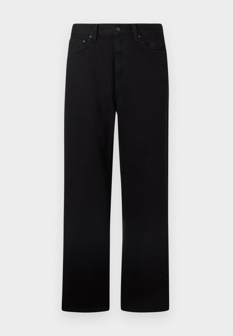 Schwarze Jeans mit geradem Bein, Knopf- und Reißverschluss, Gürtelschlaufen sowie Taschen vorne und hinten, auf weißem Hintergrund dargestellt.