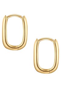 Pendientes de color dorado con una forma rectangular redondeada y suave, que presentan acentos puntiagudos en la parte superior y un acabado pulido.