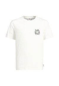 T-shirt bianco in cotone con colletto rotondo e maniche corte. Presenta un piccolo design astratto di una rana verde e nera sul lato sinistro del petto.