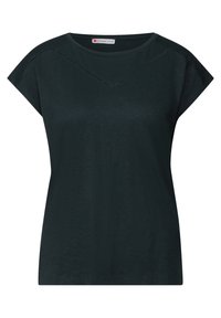 Zwarte kortemouwen t-shirt met een V-hals, gemaakt van zachte stof. Kenmerkt zich door subtiele stiksels over de schouders en borst.