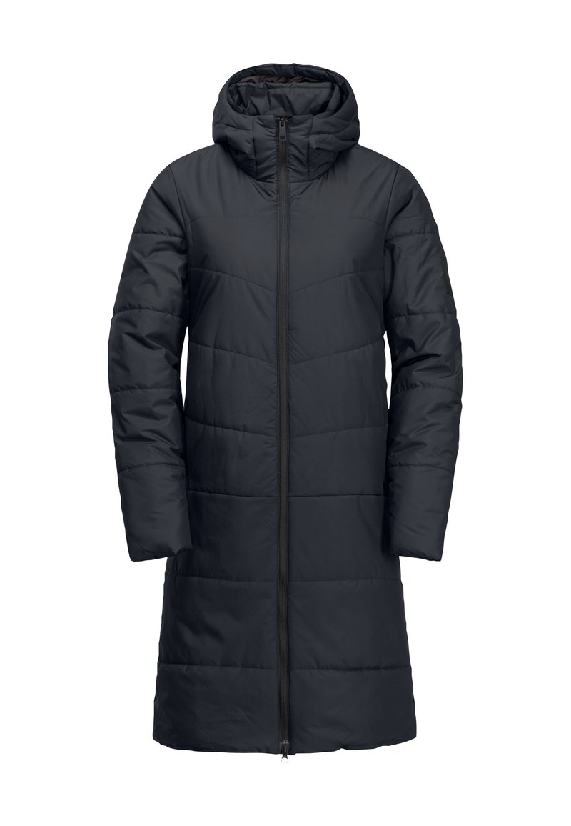 Gevoerde zwarte parka met een capuchon, voorzien van een voorrits en een geborduurd ontwerp. Lange mouwen en een rechte snit bieden volledige bedekking.