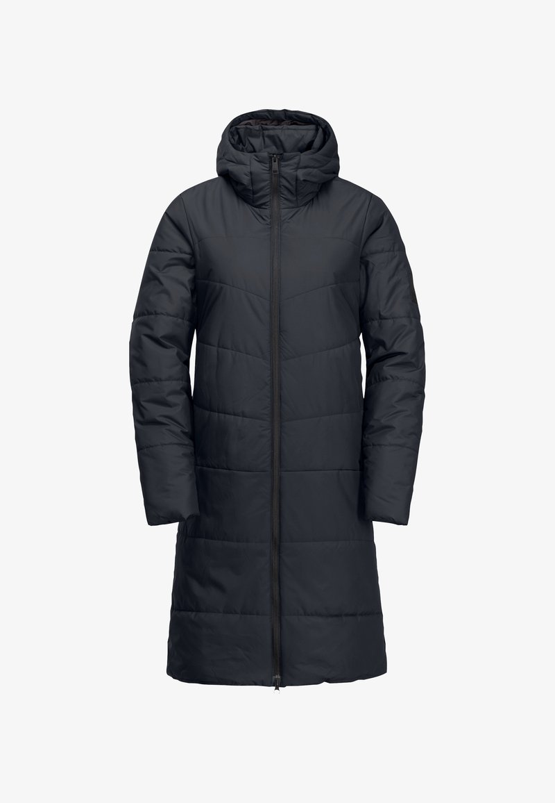 Gevoerde zwarte parka met een capuchon, voorzien van een voorrits en een geborduurd ontwerp. Lange mouwen en een rechte snit bieden volledige bedekking.