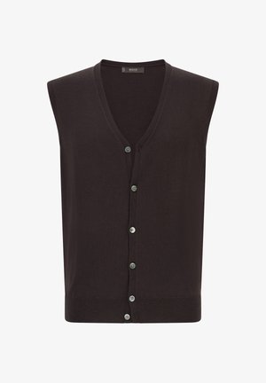 Mouwloos donkerbruin vest met een V-hals ontwerp, voor knopen en ribgebreide onderkant. Gemaakt van zachte stof met een gladde textuur.