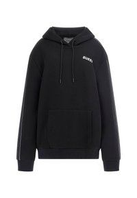 Black hooded sweatshirt with a front pocket, logo on chest, and contrasting side stripes. Made of soft cotton material. Cuffs are ribbed.