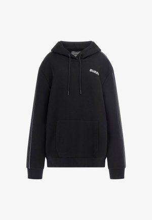 Zwarte hoodie met een voorzak, logo op de borst en contrasterende zijstrepen. Gemaakt van zacht katoen. De manchetten zijn geribbeld.