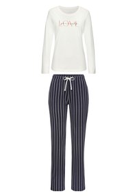 Vit långärmad skjorta med texten "LOVE". Marinblå pyjamasbyxor med vertikala grå ränder och dragsko i midjan. Mjuk tygkänsla.