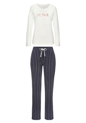 Witte blouse met lange mouwen en de tekst "LOVE". Marineblauwe pyjamabroek met verticale grijze strepen en een verstelbare tailleband. Zachte stoftextuur.