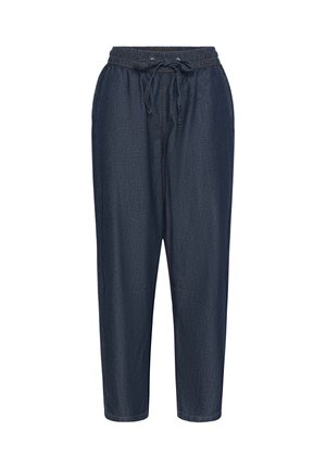 Pantalon jogging en denim bleu foncé avec taille élastique et cordon de serrage, coupe ample, poches latérales, présenté sur fond blanc.