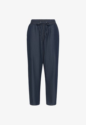 Pantalon jogging en denim bleu foncé avec taille élastique et cordon de serrage, coupe ample, poches latérales, présenté sur fond blanc.