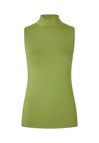 Haut sans manches de couleur verte en tricot doux et extensible. Il présente un col montant et une coupe ajustée, avec une texture lisse.