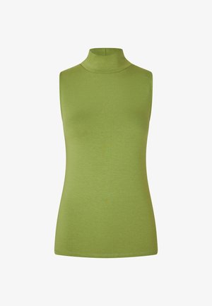 Top sin mangas de color verde con cuello alto, hecho de una tela suave y elástica. Presenta un diseño ajustado y una textura suave.