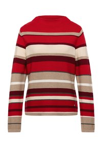 Roter, beiger und weiß gestreifter Pullover mit langen Ärmeln und rundem Ausschnitt; mit Rippstruktur und einem kleinen Logodetail am unteren Saum.