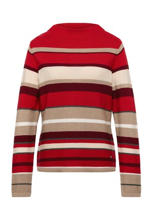 Roter, beiger und weiß gestreifter Pullover mit langen Ärmeln und rundem Ausschnitt; mit Rippstruktur und einem kleinen Logodetail am unteren Saum.