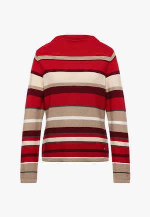 Roter, beiger und weiß gestreifter Pullover mit langen Ärmeln und rundem Ausschnitt; mit Rippstruktur und einem kleinen Logodetail am unteren Saum.