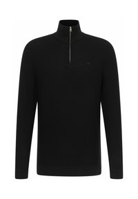 Schwarzer langärmeliger Strickpullover mit hohem Kragen und halbem Reißverschluss vorne, mit dezentem gestickten Logo auf der linken Brust.