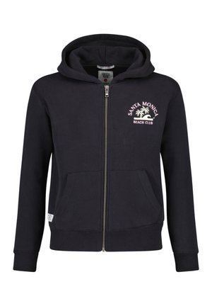 Zwarte hoodie met ritssluiting, voorzakken, capuchon en de tekst "Santa Monica Beach Club" met palmboom- en golfgrafiek in wit op de borst.