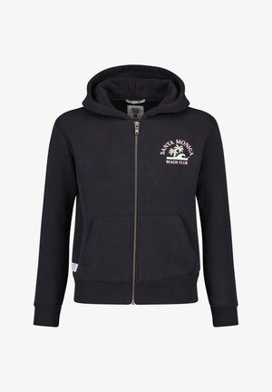 Zwarte hoodie met ritssluiting, voorzakken, capuchon en de tekst "Santa Monica Beach Club" met palmboom- en golfgrafiek in wit op de borst.