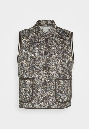 Floral vest in dark brown fabric with blue and cream patterns. Features a stand-up collar, button closure, and two front pockets.