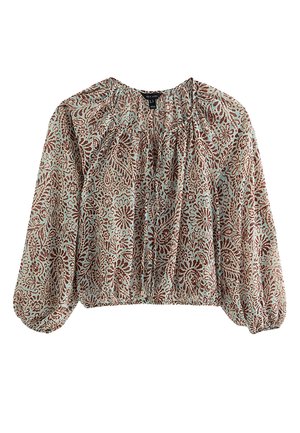 Blouse à manches longues avec poignets élastiques, motifs floraux et cachemire marron sur fond bleu clair, encolure froncée avec liens réglables.