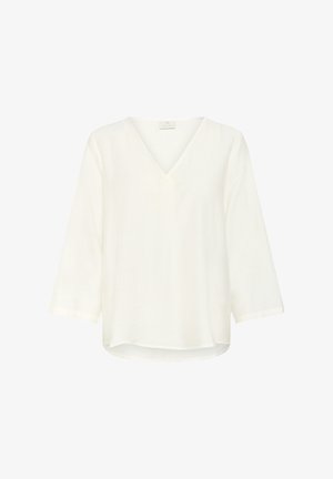 Witte blouse met driekwart mouwen en een V-hals. Gemaakt van een lichtgewicht, gestructureerde stof. Licht gebogen zoom aan de onderkant.