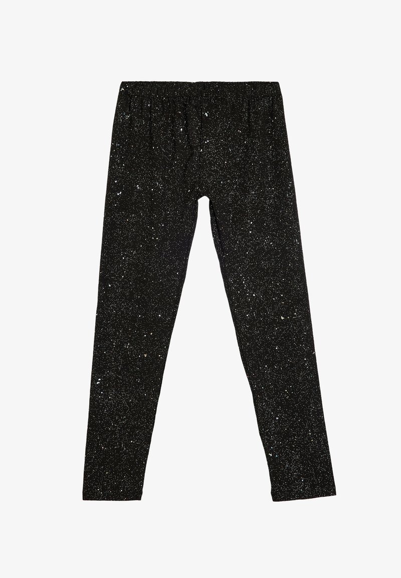 Musta leggingit, joissa on joustava vyötärö, ja ne ovat kimaltelevan, tekstuuripintaiset, joissa on monivärisiä sävyjä läpi.