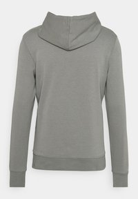 Sudadera gris con capucha ajustable, mangas largas y puños acanalados. Tejido suave y diseño simple, sin adornos.