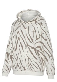 Sudadera con capucha en color crema con un estampado abstracto de cebra en marrón. Cuenta con un capuchón con cordón, puños y dobladillo acanalados. Textura de tela suave.