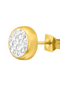 Orecchino a perno in tono dorato con design circolare e numerosi strass trasparenti incastonati sul davanti, superficie liscia e robusta chiusura posteriore.
