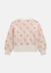 Pulover tricotat de culoare crem cu un model roz în diamant, ce prezintă inimioare și stele. Mansete și tiv striate, mâneci balon, textură moale.