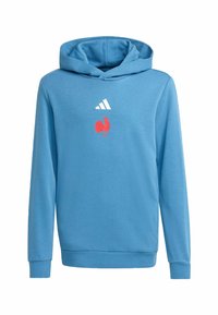 Blå bomulds-hoodie med frontlomme, ribbede manchetter og kant. Hvid Adidas-logo og rød kyllingegrafik på brystet.