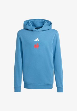 Sudadera de algodón azul con bolsillo tipo canguro en el frente, puños y dobladillo acanalados. Logo blanco de Adidas y gráfico de gallo rojo en el pecho.