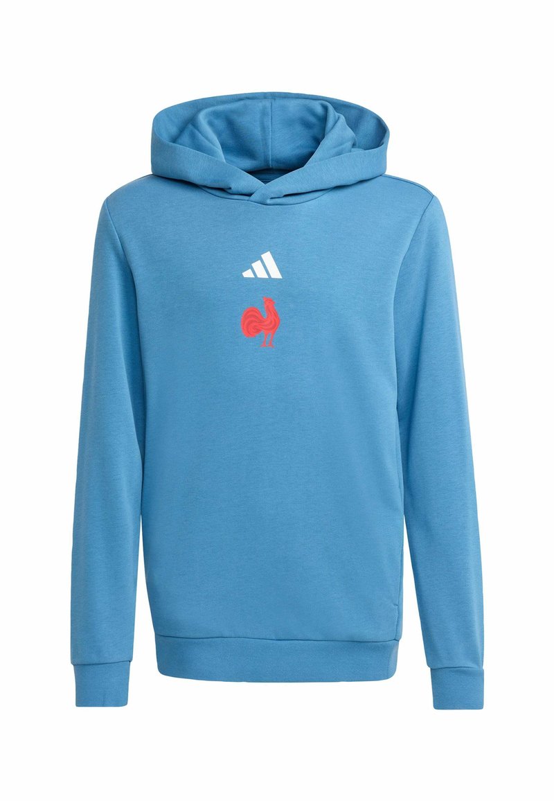 Blå bomulds-hoodie med frontlomme, ribbede manchetter og kant. Hvid Adidas-logo og rød kyllingegrafik på brystet.