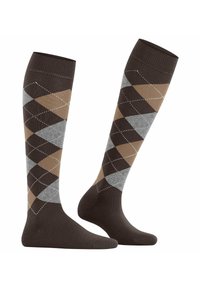 Calze al ginocchio con un motivo argyle nei colori marrone, grigio e beige, con una texture liscia e una banda superiore a coste per una vestibilità sicura.