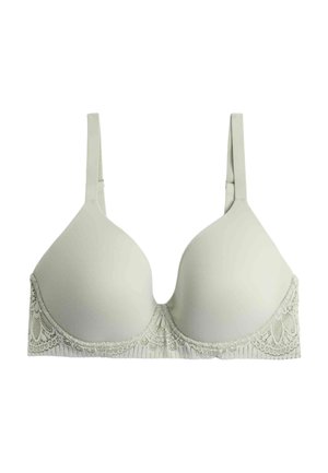 Světlé béžové vycpávané podprsenka s nastavitelnými ramínky a krajkovým zdobením podél dolního okraje, na bílém pozadí.