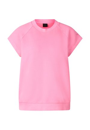 Sweat-shirt court rose pâle à manches courtes avec col rond, coupe ample et ourlet côtelé sur fond blanc.