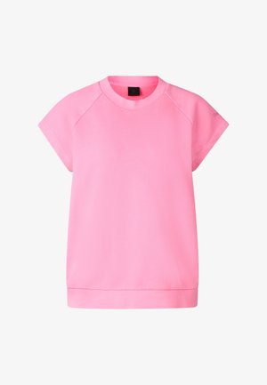 Weiches rosa Sweatshirt mit kurzen Ärmeln, Rundhalsausschnitt, lockerem Sitz und geripptem Saum auf weißem Hintergrund.