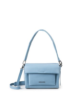 Light blue leather shoulder bag with front flap pocket, short padded handle, and detachable long strap on white background.