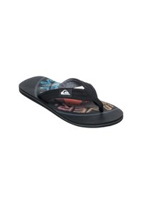 Zwarte flip-flops met een gestructureerde zool, rubberen banden en een kleurrijk grafisch patroon met een gestileerd ontwerp op de voetbed.
