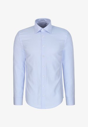 Chemise à manches longues bleu clair boutonnée avec un col pointu et un motif texturé subtil.