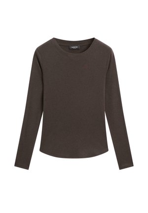 Camicia marrone a maniche lunghe con scollo arrotondato. Realizzata in tessuto morbido, presenta una texture liscia e un design minimalista. Dettaglio logo discreto.