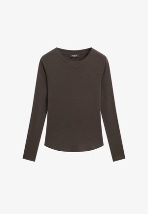 Brown long-sleeve shirt with a rounded neckline. Made of soft fabric, features a smooth texture and minimalistic design. Subtle logo detail.