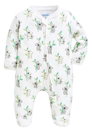 Biały body dla niemowląt z szarymi i beżowymi koalami trzymającymi zielone gałązki eukaliptusa, z długimi rękawami, zakrytymi nogawkami i zamkiem błyskawicznym z przodu.
