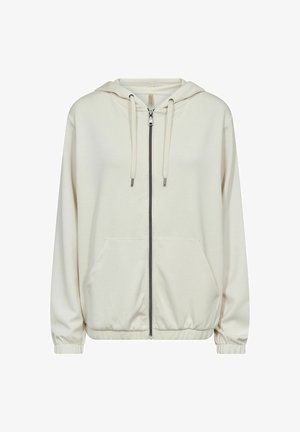 Light beige zip-up hoodie made of soft fabric, featuring a hood, two front pockets, and elastic cuffs for a comfortable fit.