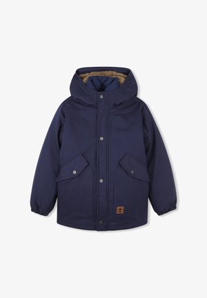 Veste d'hiver à capuche bleu marine avec boutons-pression à l'avant, deux poches à rabat, poignets élastiques, et doublure en polaire marron à l'intérieur de la capuche.