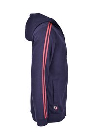 Marinen hoodie med en frontlomme, lange ærmer og røde striber på skuldrene. Har en hætte og et logo patch nær kanten. Blød stofstruktur.