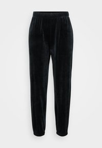 Sorte velour joggers med elastisk midjebånd og mansjetter. Glatt tekstur, smal fasong, passende for avslappet bruk.