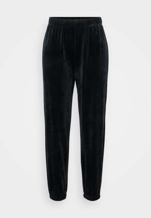 Zwarte velours joggers met een elastische tailleband en boorden. Gladde textuur, taps toelopend ontwerp, geschikt voor casual kleding.