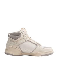 Sneakers alte in pelle beige chiaro con colletto grigio testurizzato e sottili perforazioni laterali; dotate di linguetta imbottita e suola in gomma.