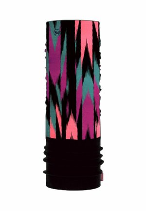 Bufanda multifuncional con un colorido patrón de zigzag en rosa, teal y negro, con un acabado texturizado y un fondo negro sólido.